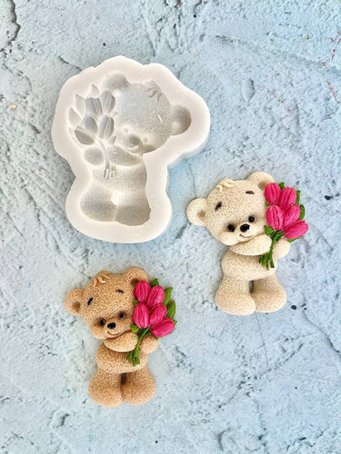 قالب سیلیکونی تدی با گل لاله پشت تخت